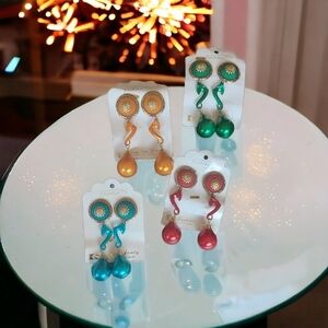 Dangling Earrings 4” Gold Toned Accent Teardrop Style 80's Fashion Set Of 4